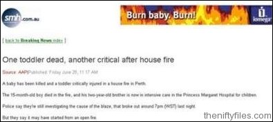 News story about children burned in house fire accompanied by unfortunate ad proclaiming 'Burn Baby Burn'