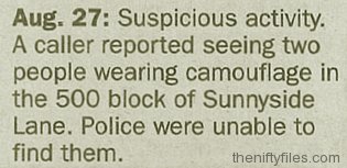 Suspicious Activity Reported: Two Men Wearing Camouflage.  Police Unable To Find.